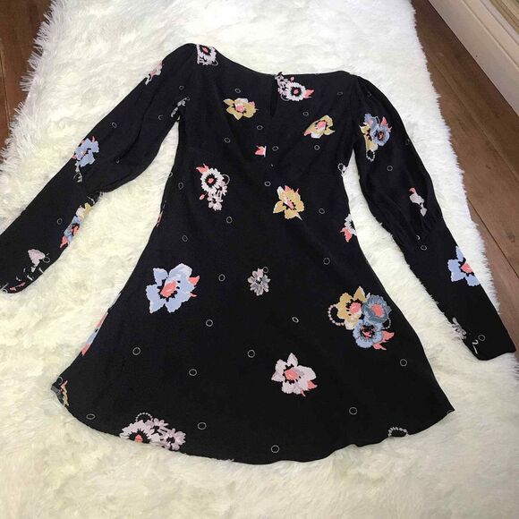 Free People Dress Womens 0 Black Floral Long‎ Split Sleeves Keyhole - Picture 4 of 9